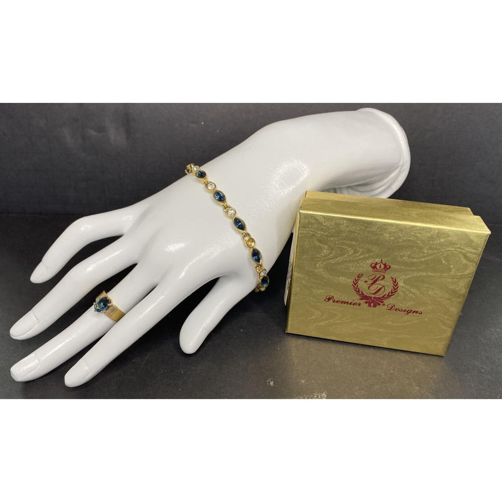 Premier Designs Jewelry‎ Gold Tone Blue Crystal Bracelet & Ring Set SKU PD54